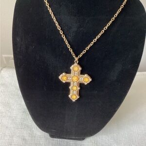 Cross Ornate Gold Tone Pendant Necklace